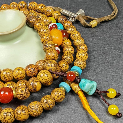 Authentic Old 9mm Lotus Seed Necklace Mala:Tibetan 108 Prayer Beads Rosary - 51cm stretched