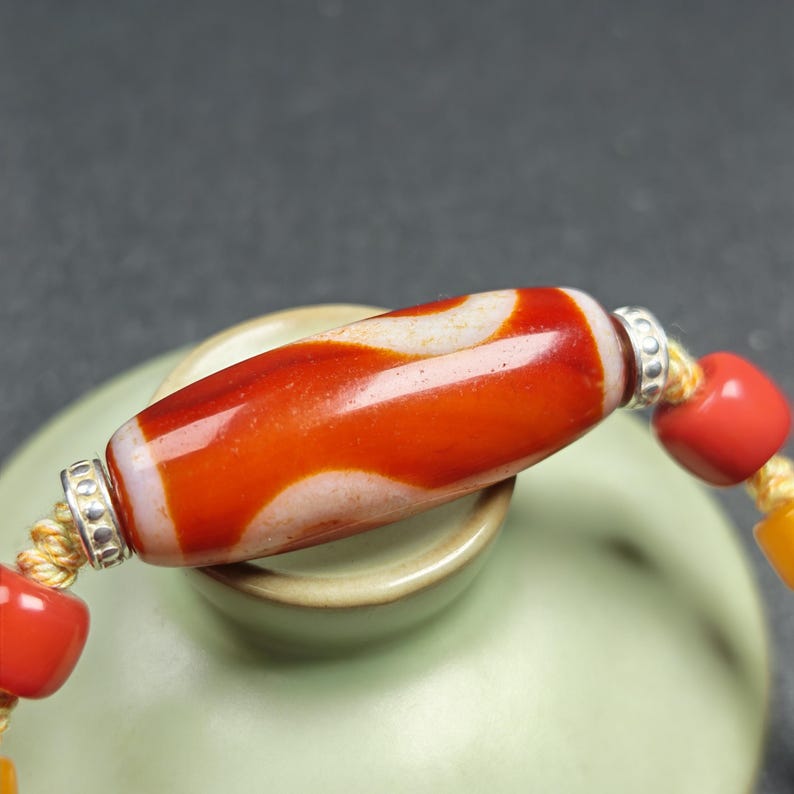 Authentic Ruyi Dzi Necklace - Fire Agate Dzi Amulet | Tibetan Jewelry | Protection Charm for Good Fortune Protection | 40*15mm