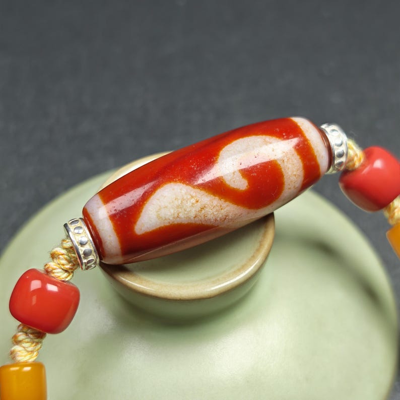 Authentic Ruyi Dzi Necklace - Fire Agate Dzi Amulet | Tibetan Jewelry | Protection Charm for Good Fortune Protection | 40*15mm