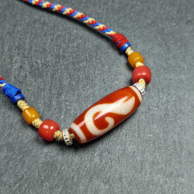 Authentic Ruyi Dzi Necklace - Fire Agate Dzi Amulet | Tibetan Jewelry | Protection Charm for Good Fortune Protection | 40*15mm