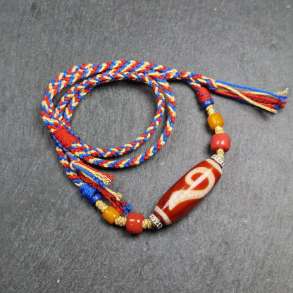 Authentic Ruyi Dzi Necklace - Fire Agate Dzi Amulet | Tibetan Jewelry | Protection Charm for Good Fortune Protection | 40*15mm
