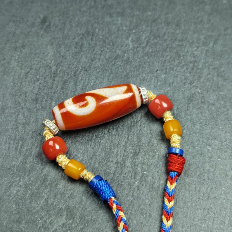 Authentic Ruyi Dzi Necklace - Fire Agate Dzi Amulet | Tibetan Jewelry | Protection Charm for Good Fortune Protection | 40*15mm