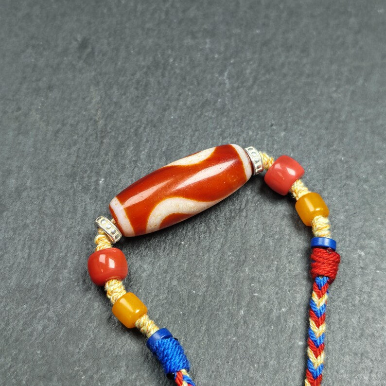 Authentic Ruyi Dzi Necklace - Fire Agate Dzi Amulet | Tibetan Jewelry | Protection Charm for Good Fortune Protection | 40*15mm