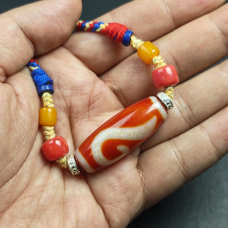 Authentic Ruyi Dzi Necklace - Fire Agate Dzi Amulet | Tibetan Jewelry | Protection Charm for Good Fortune Protection | 40*15mm