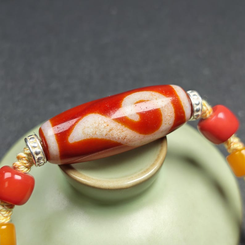Authentic Ruyi Dzi Necklace - Fire Agate Dzi Amulet | Tibetan Jewelry | Protection Charm for Good Fortune Protection | 40*15mm