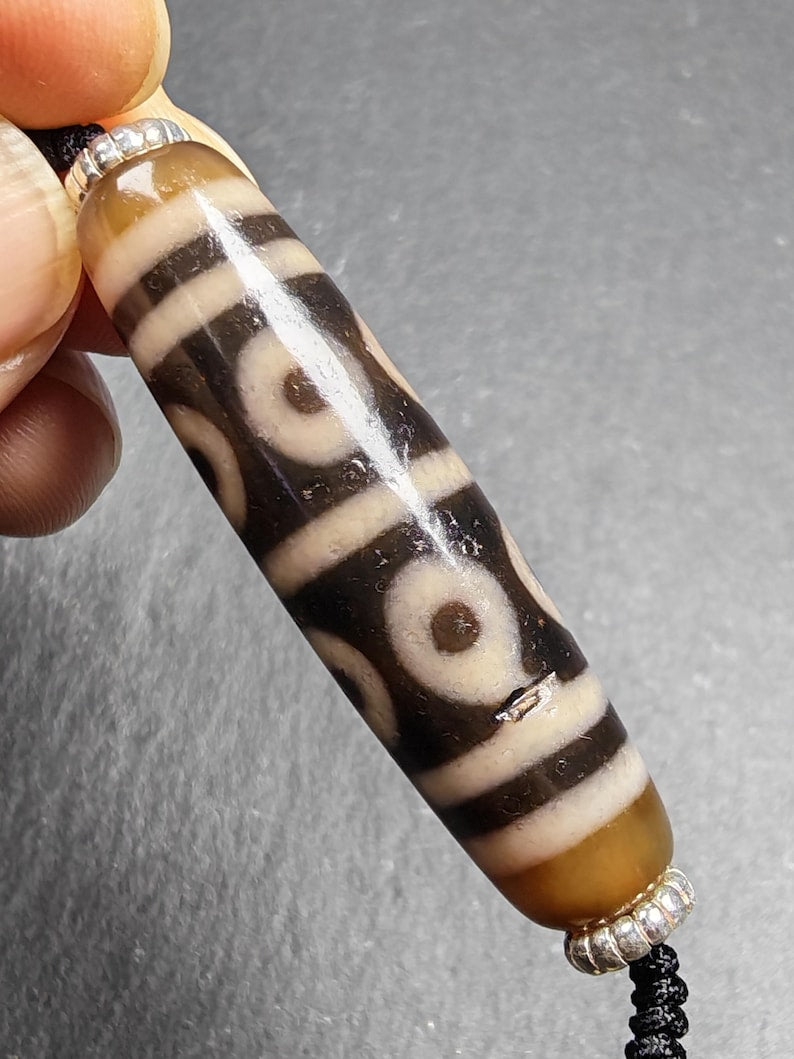 Authentic Tibetan Dzi Necklace - 8 Eyes Mandala Dzi Amulet - 45×12mm - Decades Old