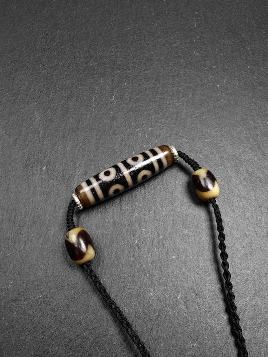 Dzi Necklace - 8 Eyes Mandala Dzi Amulet - 45 - Tibetan Buddhist bead necklace, front view