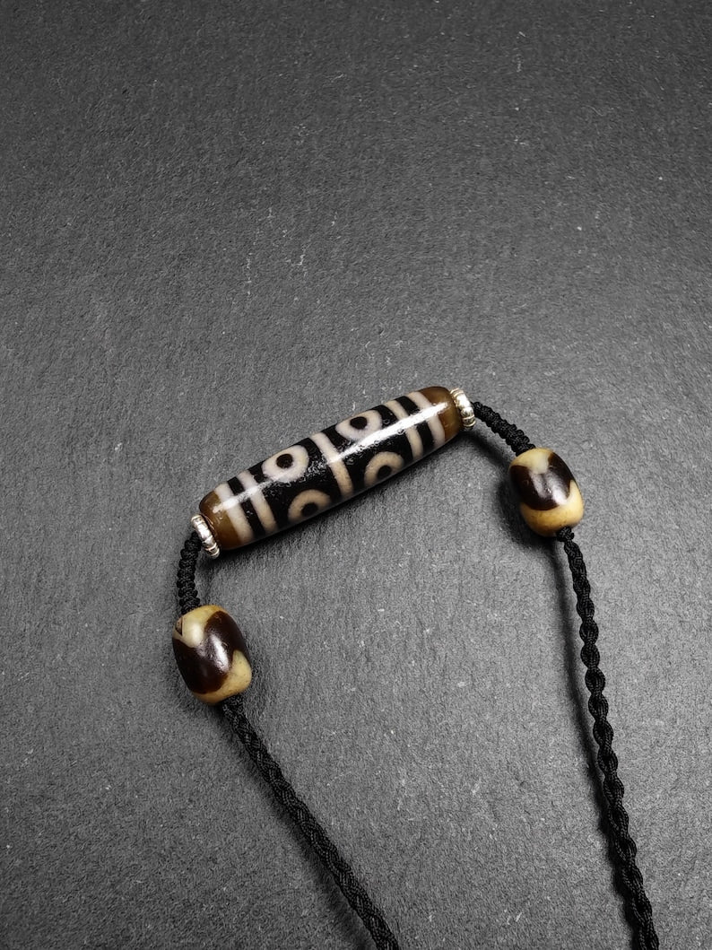 Authentic Tibetan Dzi Necklace - 8 Eyes Mandala Dzi Amulet - 45×12mm - Decades Old