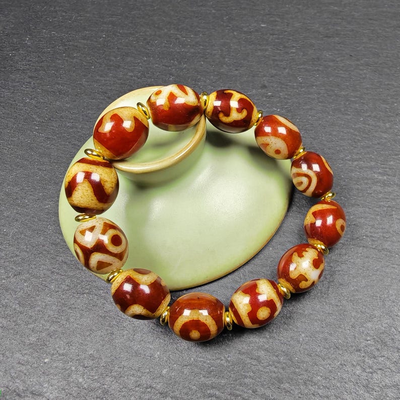 Authentic Tibetan Fire Agate Dzi Beads Wrist Mala - 14× 12mm Red Dzi Bracelet