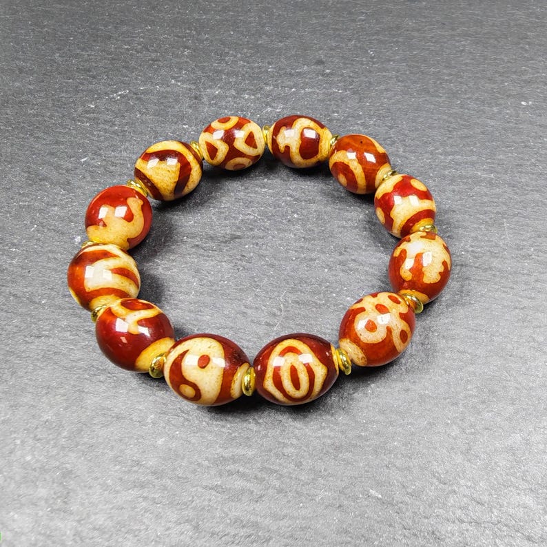 Authentic Tibetan Fire Agate Dzi Beads Wrist Mala - 14× 12mm Red Dzi Bracelet