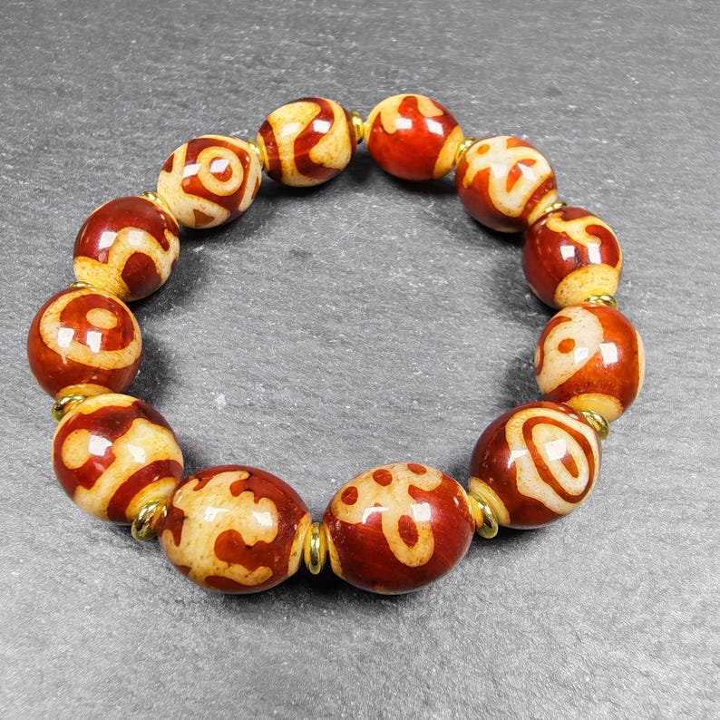 Authentic Tibetan Fire Agate Dzi Beads Wrist Mala - 14× 12mm Red Dzi Bracelet