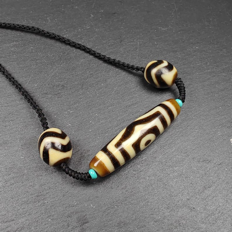 Authentic Tibetan Necklace:3 Eyes Dzi + Wave Dzi Beads Amulet,Protective Charm