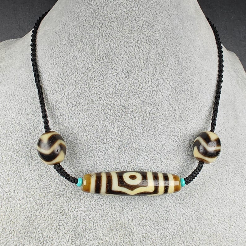 Authentic Tibetan Necklace:3 Eyes Dzi + Wave Dzi Beads Amulet,Protective Charm