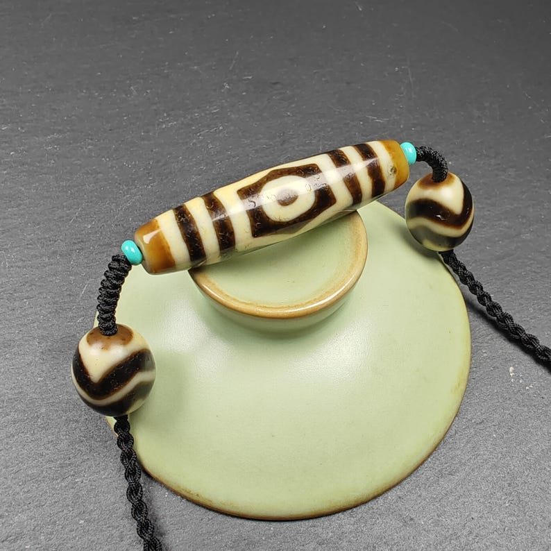 Authentic Tibetan Necklace:3 Eyes Dzi + Wave Dzi Beads Amulet,Protective Charm