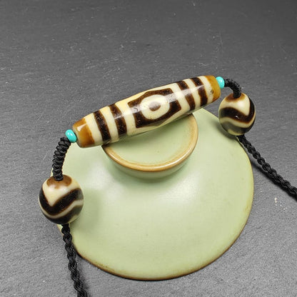 Authentic Tibetan Necklace:3 Eyes Dzi + Wave Dzi Beads Amulet,Protective Charm