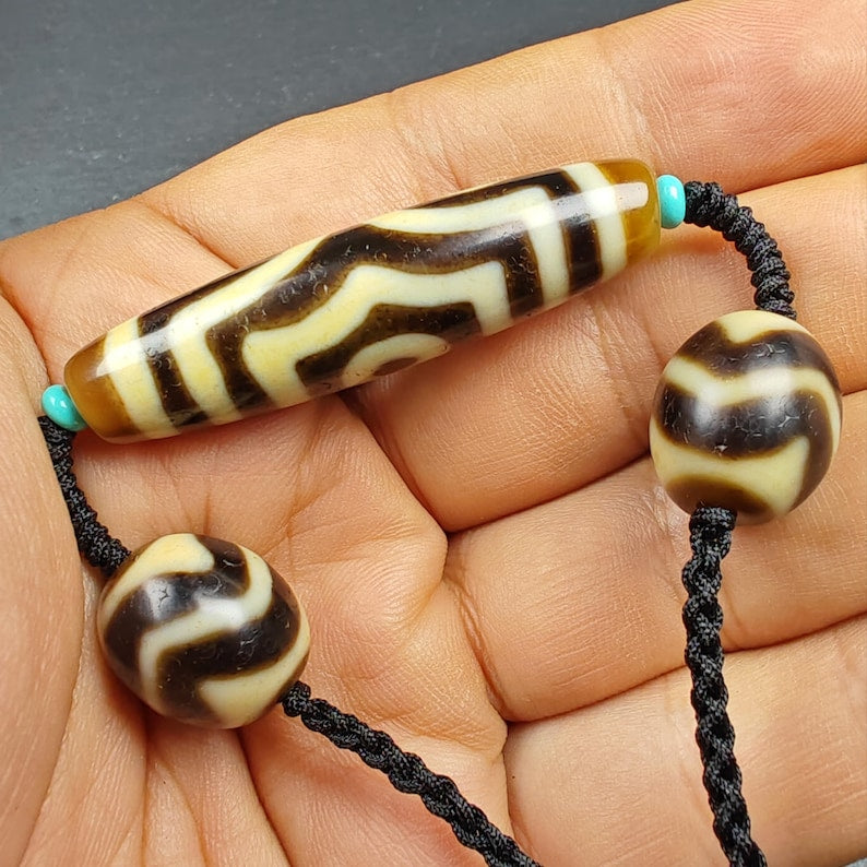 Authentic Tibetan Necklace:3 Eyes Dzi + Wave Dzi Beads Amulet,Protective Charm