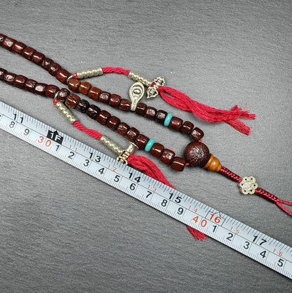 Authentic Tibetan Rosary, Old 8mm 108 Rudraksha Mala Necklace,Prayer Beads with Unique Mix of Treasures,40cm Streched