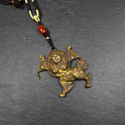 Authentic Tibetan Snow Lion Amulet - Vintage Protective Charm - Made of Brass with Gold Plated - 19th