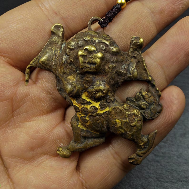 Authentic Tibetan Snow Lion Amulet - Vintage Protective Charm - Made of Brass with Gold Plated - 19th