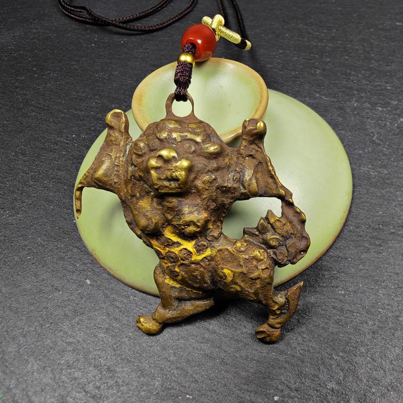 Authentic Tibetan Snow Lion Amulet - Vintage Protective Charm - Made of Brass with Gold Plated - 19th