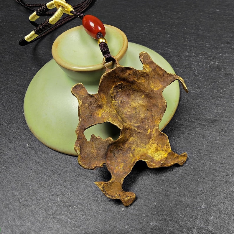 Authentic Tibetan Snow Lion Amulet - Vintage Protective Charm - Made of Brass with Gold Plated - 19th