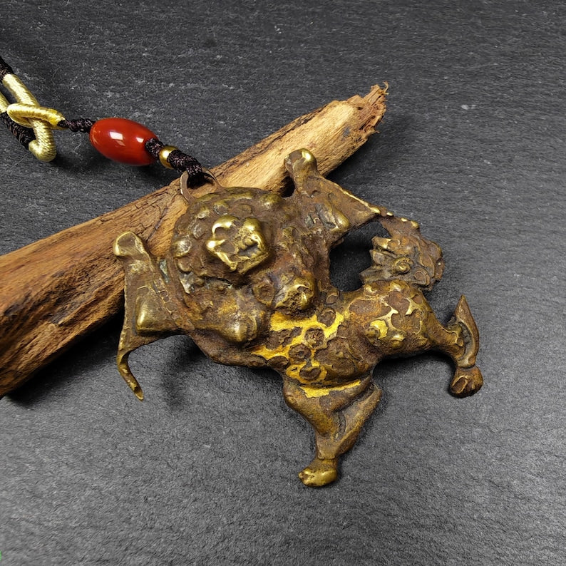 Authentic Tibetan Snow Lion Amulet - Vintage Protective Charm - Made of Brass with Gold Plated - 19th