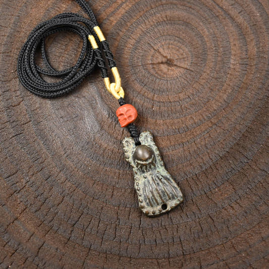 Authentic Tibetan Snow Lion Protection Amulet Necklace | Vintage Thokcha Pendant with Citipati Skull Bead | Himalayan Spiritual Jewelry