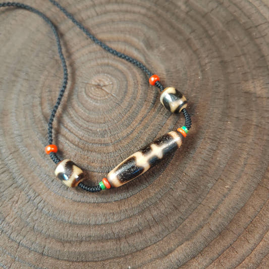Authentic Tibetan Treasure Vase Dzi Bead Necklace Decades Old - Tibetan Buddhist bead necklace, front view