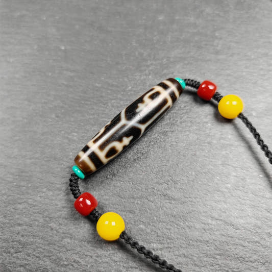 Authentic Tibetan Treasure Vase Dzi Bead Necklace 30 Years Old - Tibetan Buddhist bead necklace, front view