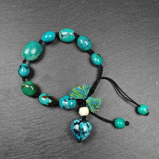 Authentic Turquoise Wrist Mala Bracelet - Old Tibetan Rosary Prayer Beads - 12mm - Tibetan Buddhist mala beads, front view