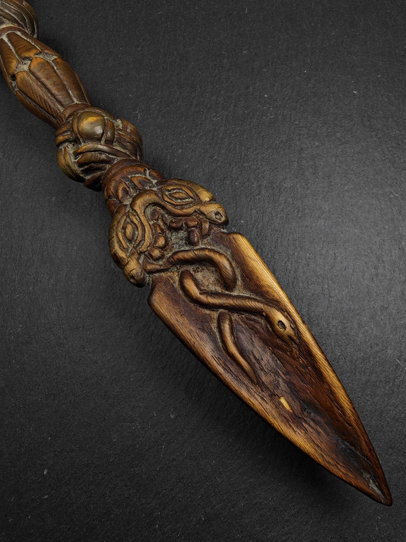 Authentic Wooden Carved Phurba - Tibetan Buddhism Ritual Implement - Decades Old - 30cm Length