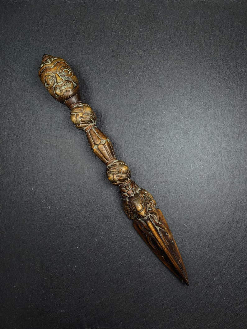 Authentic Wooden Carved Phurba - Tibetan Buddhism Ritual Implement - Decades Old - 30cm Length