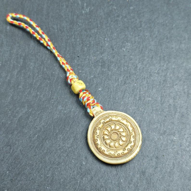 Buddhism Dharma Wheel- Hand-carved Tibetan Amulet - Protective Charm for Keychain / Bag Hanging - 30mm