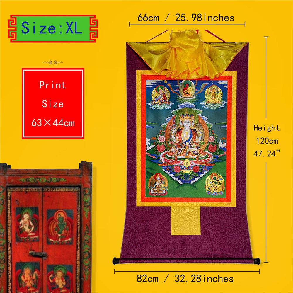Usnisa Vijaya and 5 Healing Buddhas - Tibetan thangka painting, close-up detail