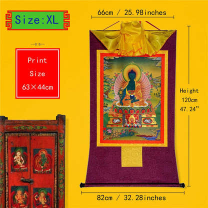 Bhaisajyaguru-Medicine Buddha - Tibetan thangka painting, close-up detail