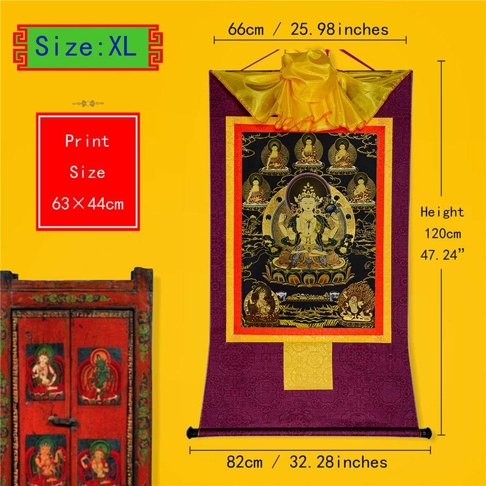 Chenrezig in Black Type - Tibetan thangka painting, close-up detail