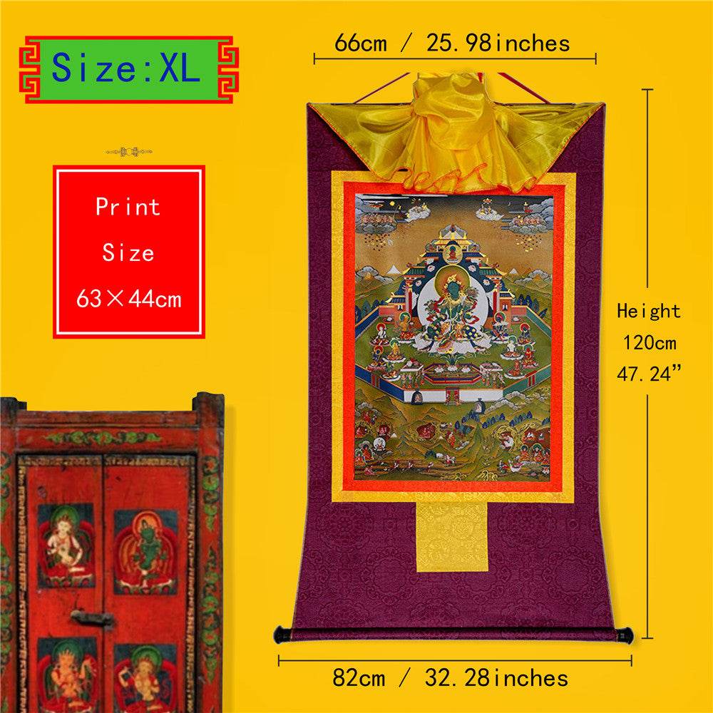 Green Tara in Mandala - Tibetan thangka painting, close-up detail