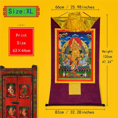Yellow Jambhala,Dzambhala - Tibetan thangka painting, close-up detail