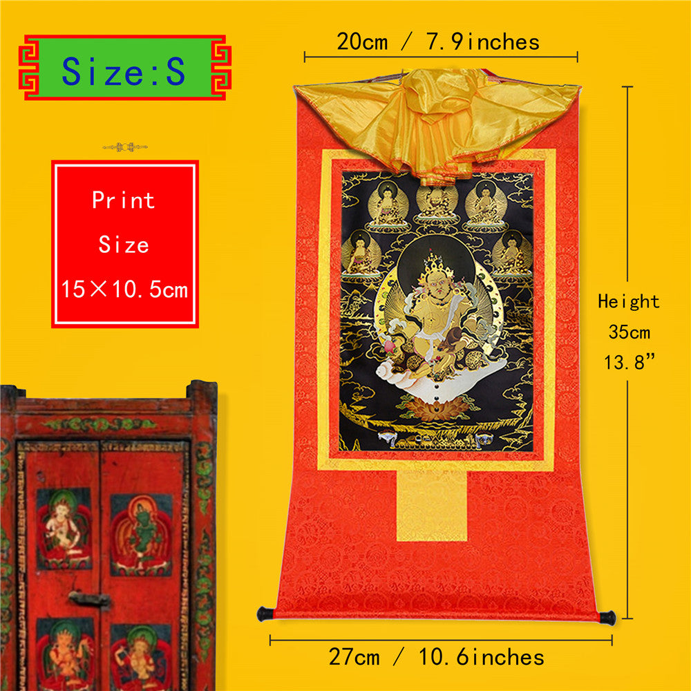 Gandhanra Bronzing Printed Tibetan Thangka Art - Yellow Jambhala Thangka,Dzambhala(Black Type), Hand Framed Tibetan Buddhist Thangka Wall Hanging