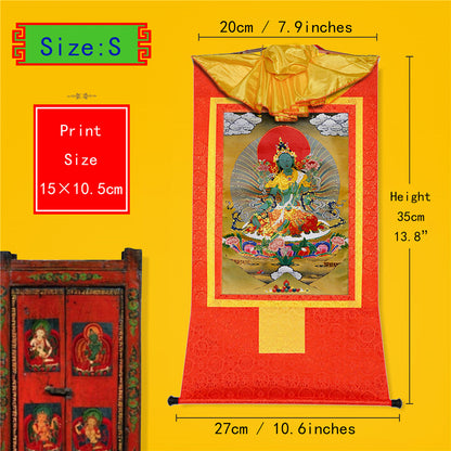 Gandhanra Bronzing Printed Tibetan Thangka Art - Green Tara Thangka, Hand Framed Tibetan Buddhist Thangka Wall Hanging