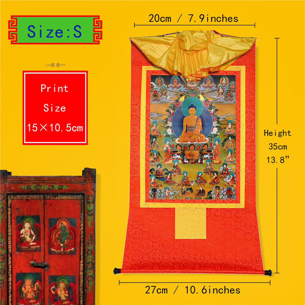 Gandhanra Bronzing Printed Tibetan Thangka Art - Shakyamuni and The Eighteen Arhats Thangka, Hand Framed Tibetan Buddhist Thangka Wall Hanging