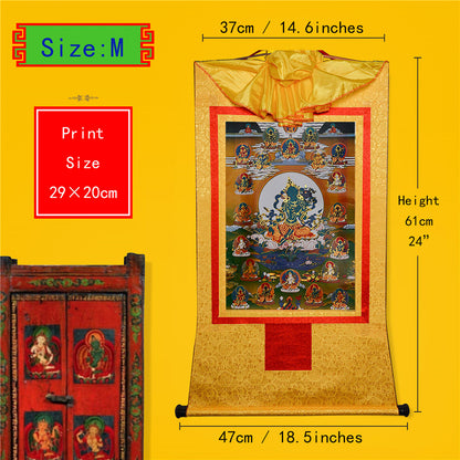 Gandhanra Bronzing Printed Tibetan Thangka Art- The 21 Tara Thangka, Hand Framed Tibetan Buddhist Thangka Wall Hanging