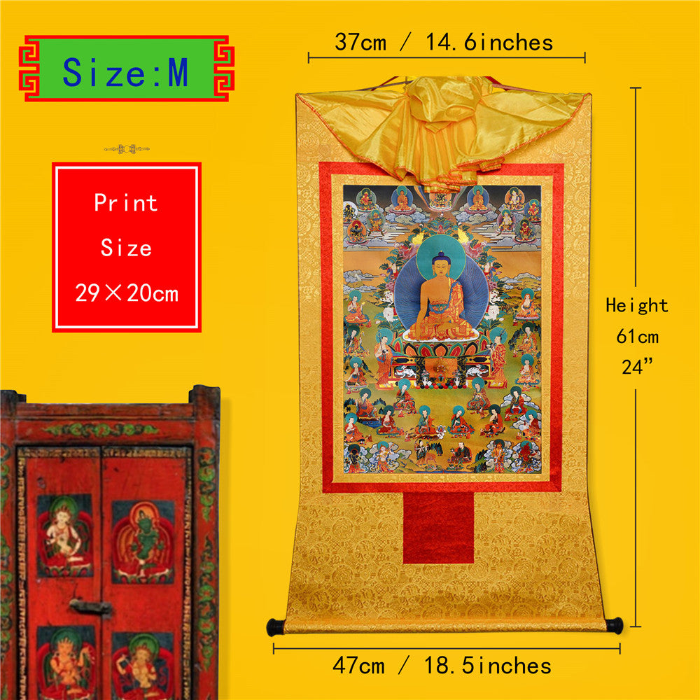 Gandhanra Bronzing Printed Tibetan Thangka Art - Shakyamuni and The Eighteen Arhats Thangka, Hand Framed Tibetan Buddhist Thangka Wall Hanging