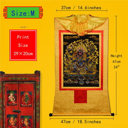 Gandhanra Bronzing Printed Tibetan Thangka Art - Mahakala Thangka(Black Design), Hand Framed Tibetan Buddhist Thangka Wall Hanging