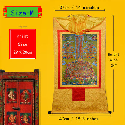 Gandhanra Bronzing Printed Tibetan Thangka Art - Je Tsongkhapa Refuge Tree Thangka, Hand Framed Tibetan Buddhist Thangka Wall Hanging