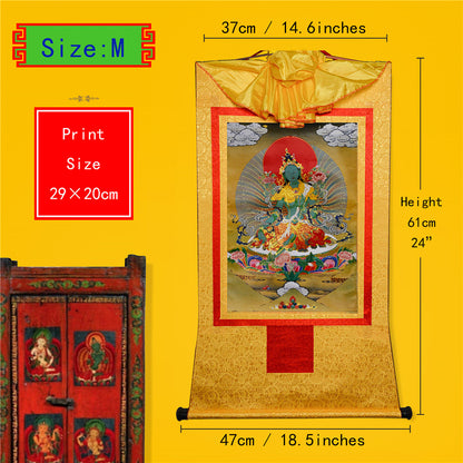 Gandhanra Bronzing Printed Tibetan Thangka Art - Green Tara Thangka, Hand Framed Tibetan Buddhist Thangka Wall Hanging