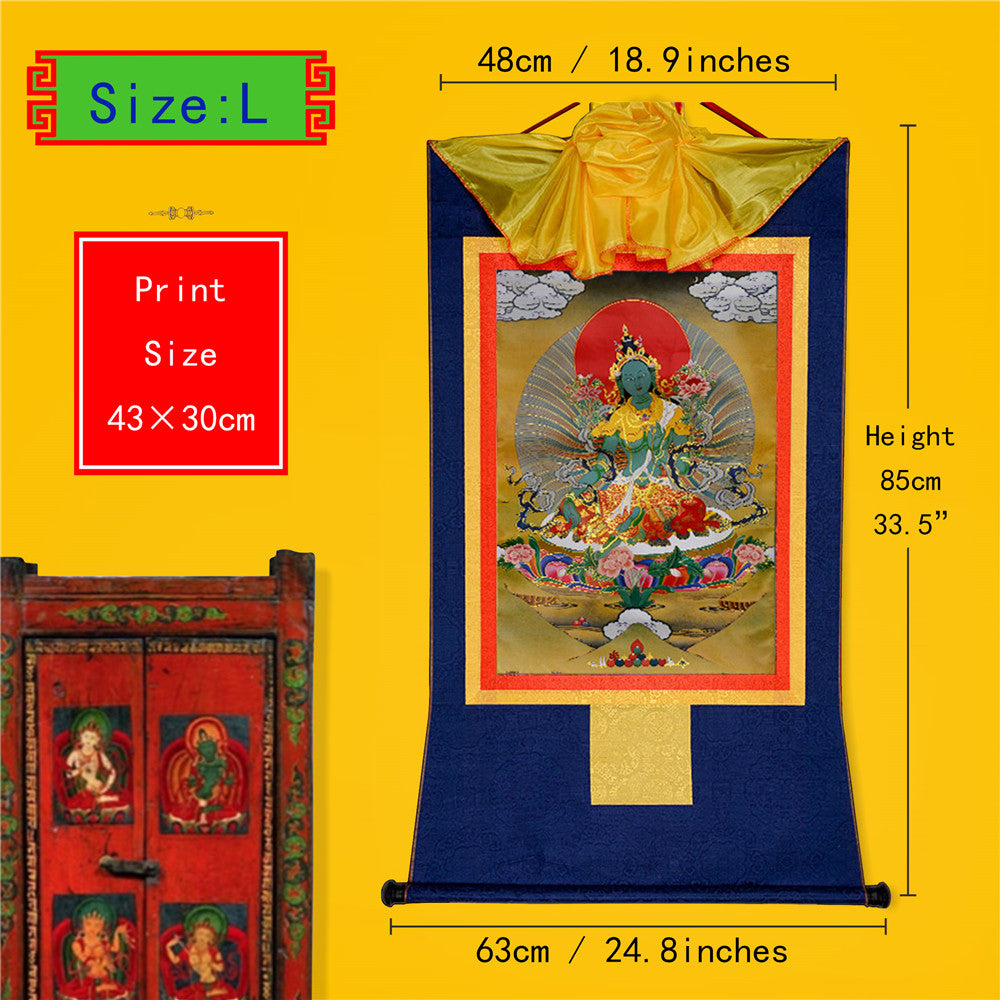 Gandhanra Bronzing Printed Tibetan Thangka Art - Green Tara Thangka, Hand Framed Tibetan Buddhist Thangka Wall Hanging