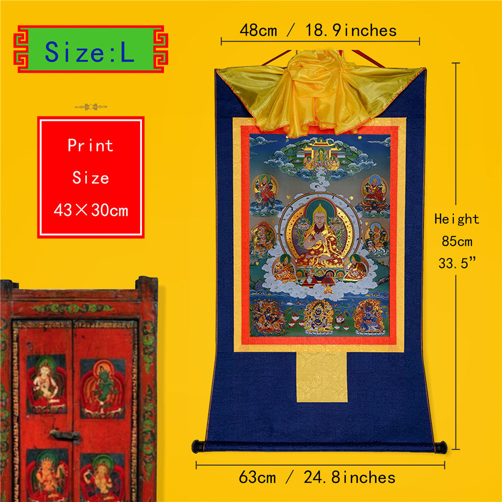 Gandhanra Bronzing Printed Tibetan Thangka Art - Je Tsongkhapa Thangka, Hand Framed Tibetan Buddhist Thangka Wall Hanging