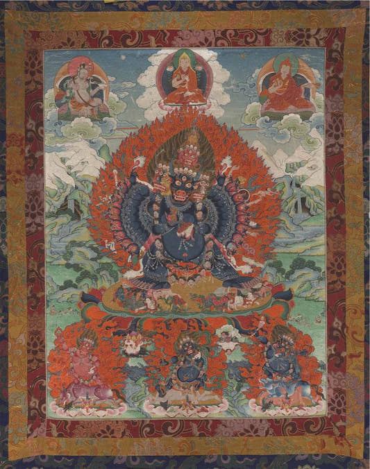 Vajrabhairava / Yamantaka - 17th Century Old Version - Tibetan thangka painting, front view