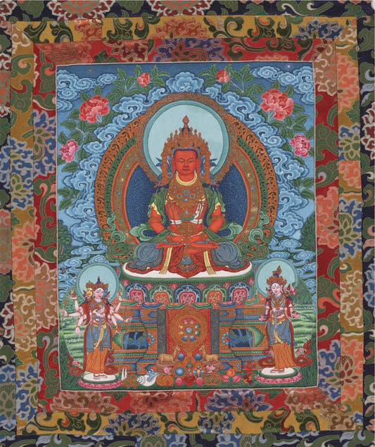 Amitayus - the Buddha of Longevity - Tibetan thangka painting, front view
